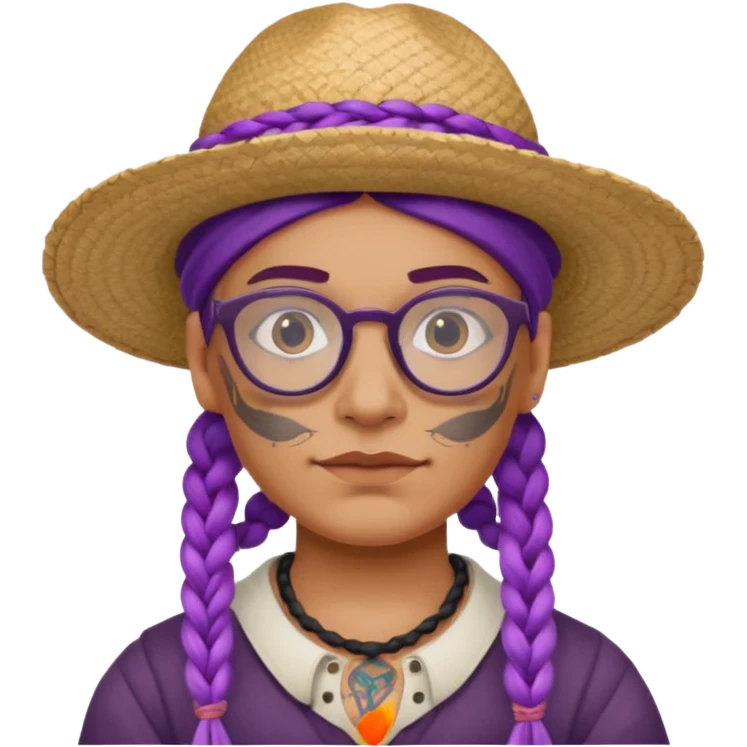 tattoed face, normal glassess, fat venice gondolier with iconic hat and purple braided hair emoji