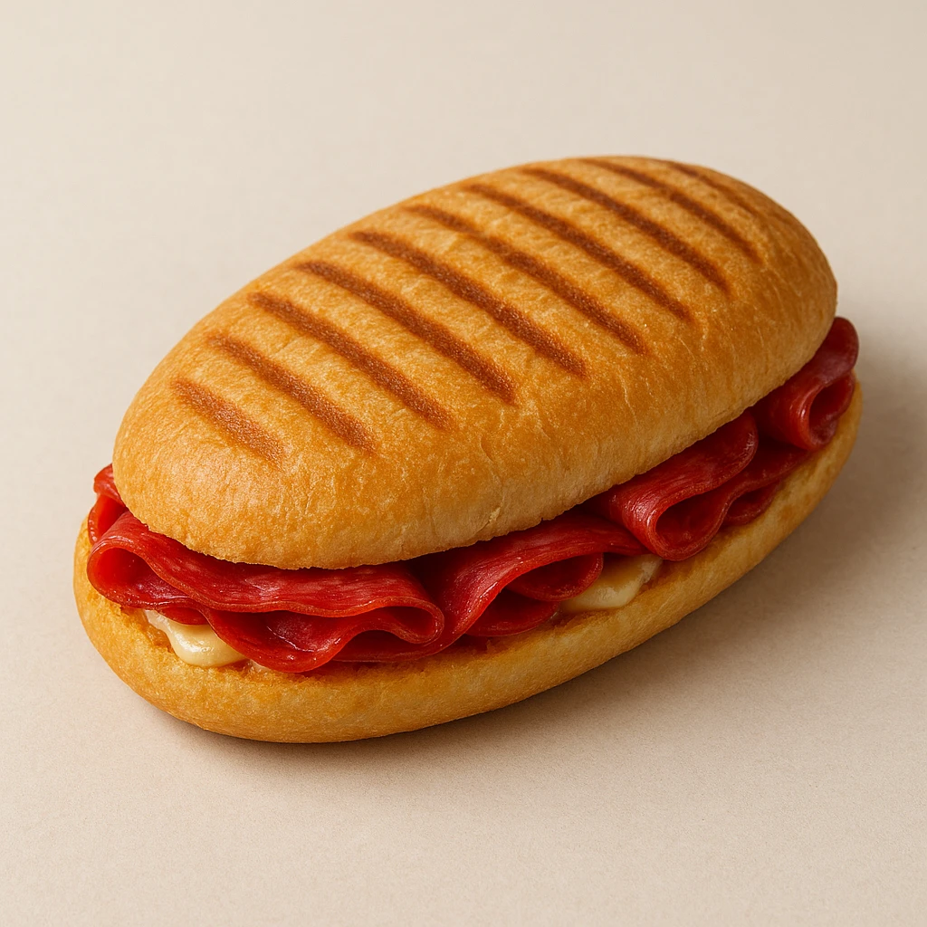 oval-shaped panini, red filling, isolated, appealing presentation emoji