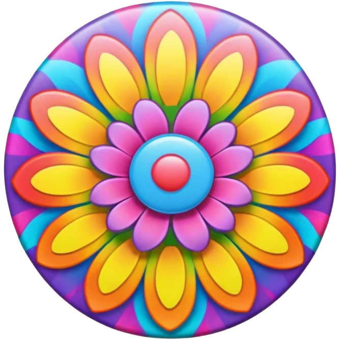 A round psychedelic colored button with rainbow colored hippie style flower border emoji