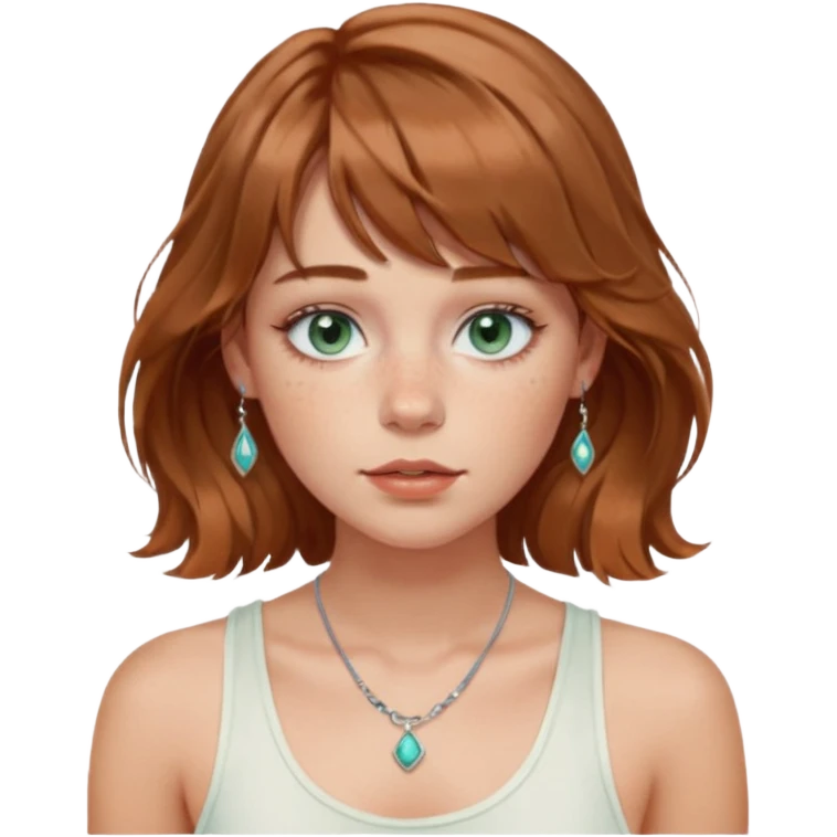 Woman with light cool brown wavy hair and curtain bangs, freckled fair skin, blue-green eyes, rosy lips, septum ring, soft natural makeup, delicate silver jewelry, relaxed expression. white tank top emoji