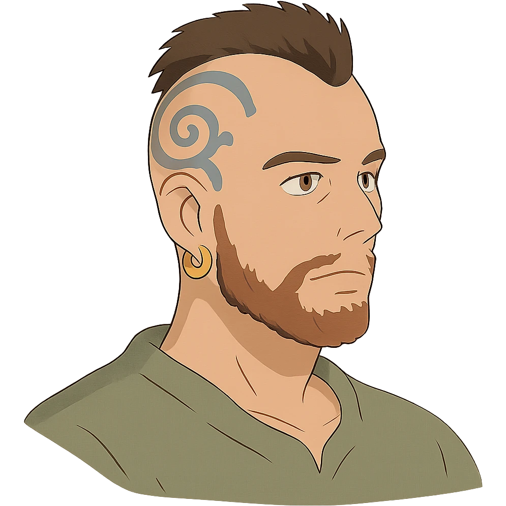 ghibli style portrait of a white man with mohawk, earring, and head tattoo emoji