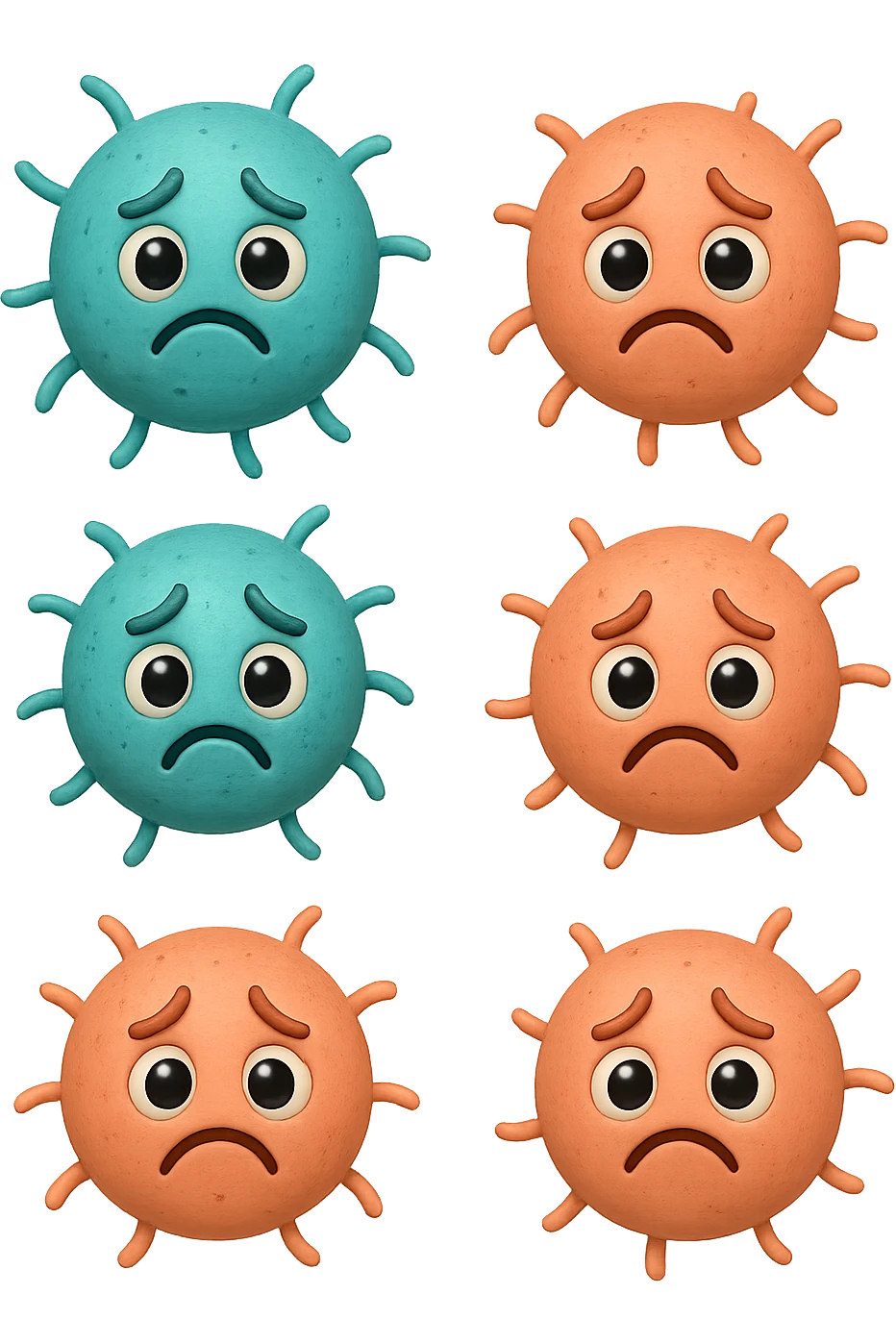 EMOJI STILE IPHONE DI 3 BATTERI INTESTINALI turchesi tristi e 3 batteri intestinali rosa salmone tristi CHE FLUTTUANO IN ARIA IPERREALISTICO 4K emoji