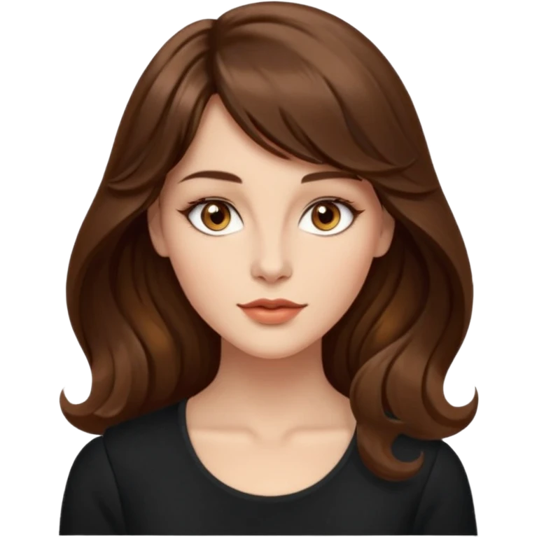 kahverengi uzun Dalgalı saçlı, hafif perçemli; kehribar gözlü, küçük kalkık burunlu ve dolgun dudaklı. Oval yüzlü, çıkık elmacık kemikli. Omuzları geniş, beli ince, kalçası dolgun.şık bir tarzda, dikkat çekici bir kadın. siyah üstü olucak. emoji