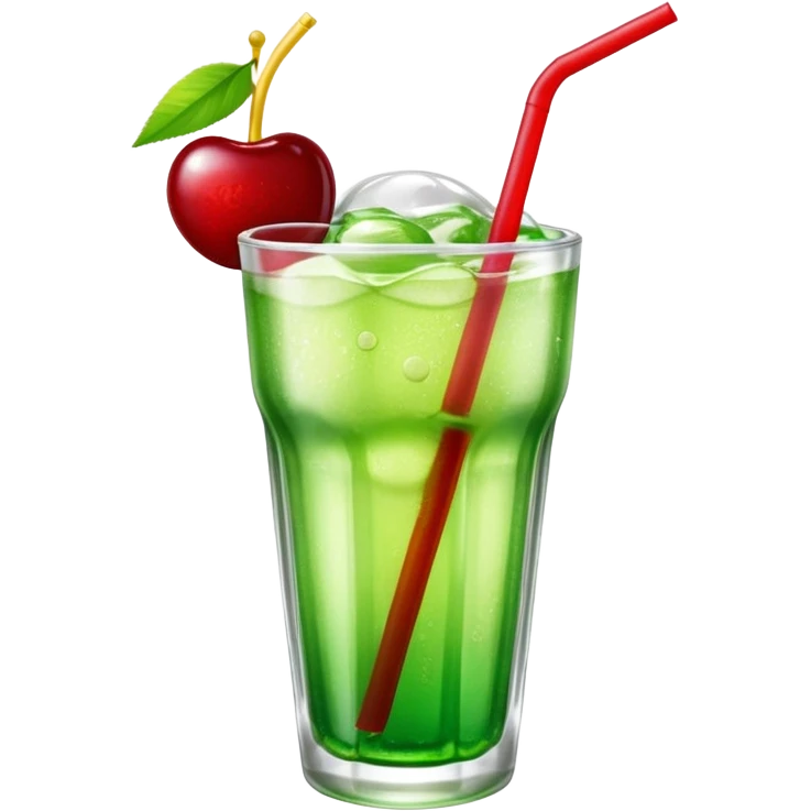 Create an emoji with a clear rounded glass, bright transparent green soda with fine bubbles, a smooth vanilla scoop, a glossy red cherry, and a red straw, using vibrant colors, soft shading, and clear glass highlights.
 emoji