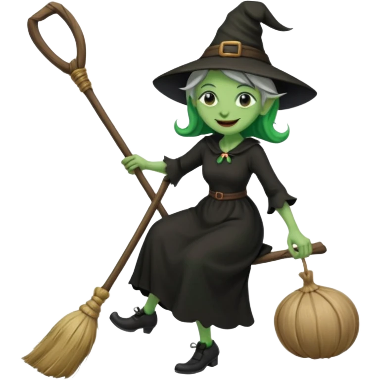 Old witch with green skin and a big nose waering a black dress and riding a broom emoji