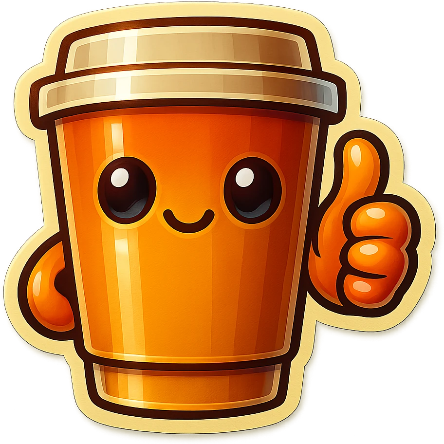 Tall coffee cup, no mouth, big thumbs up emoji