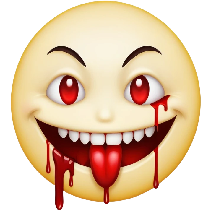 Smiley face emoji with evil grin and blood dripping from mouth and eyes emoji