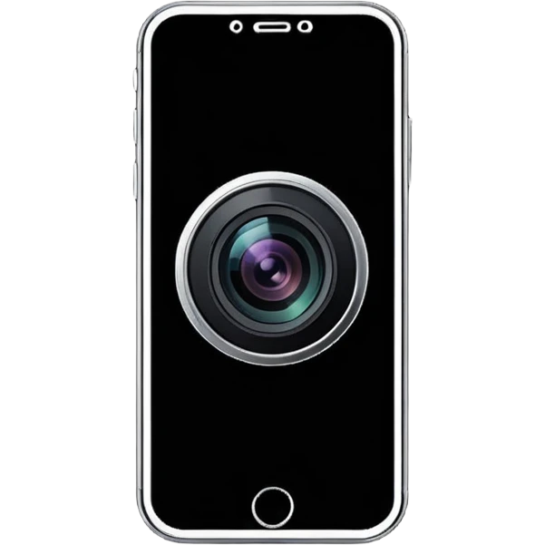 Minimalistic flat vector icon, iOS style, thin black contour on white background. Smartphone with a camera lens symbol. No text, no shadows.
 emoji