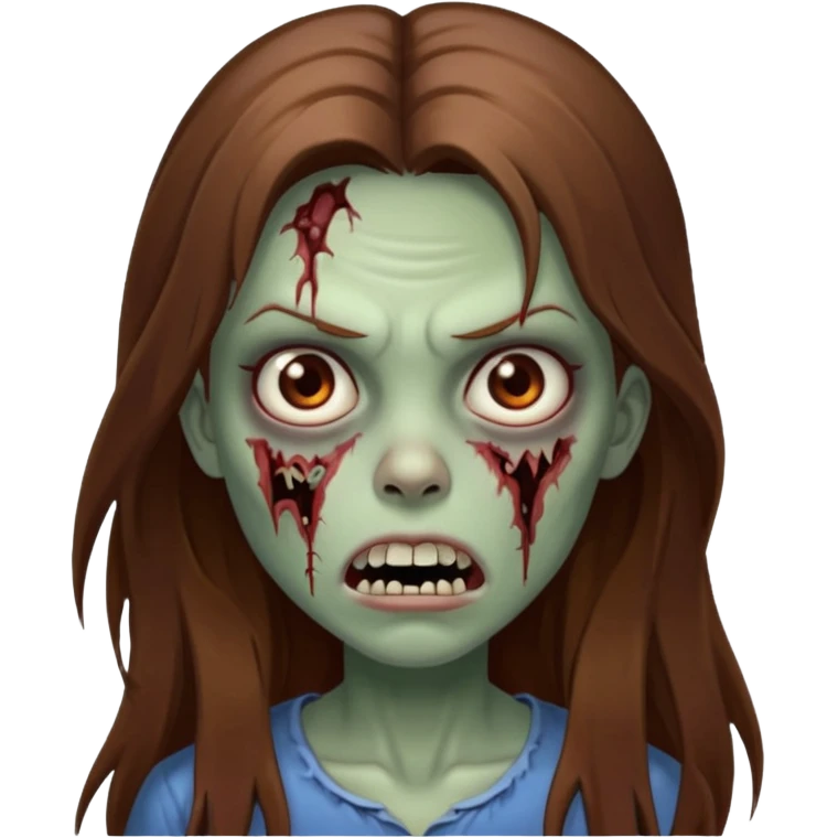 Girl zombie with brown long hair with teeth and serious face emoji