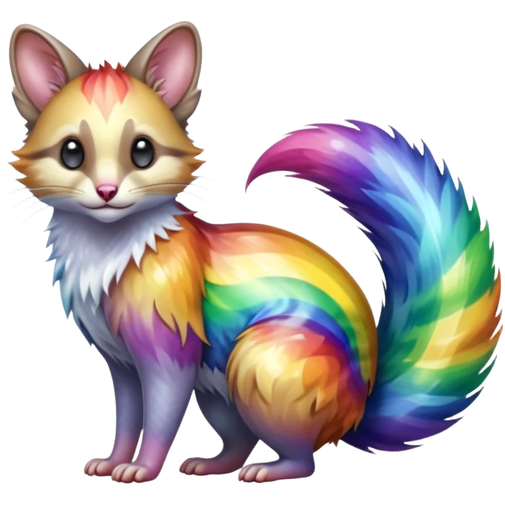 Hyper realistic  prismatic glass-rainbow fur bending light into liquid shimmer waves beautiful elegant pretty precious cute  Fakémon-Pokémon-opossum-feline-serval-caracal-chinchilla-Furret-Minccino-hybrid-creature with a big fluffy bushy tail (full body) emoji
