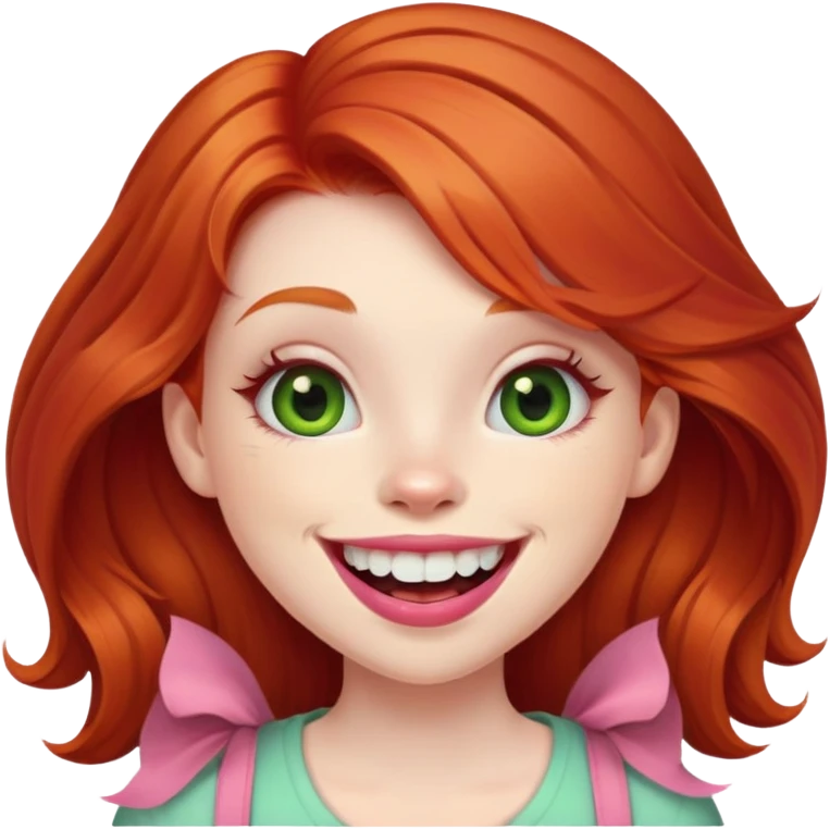 Young girl with pale skin, full pink lips smiling with big teeth, ginger red hair (not pink), big brown eyes with a hint of green, big mouth emoji