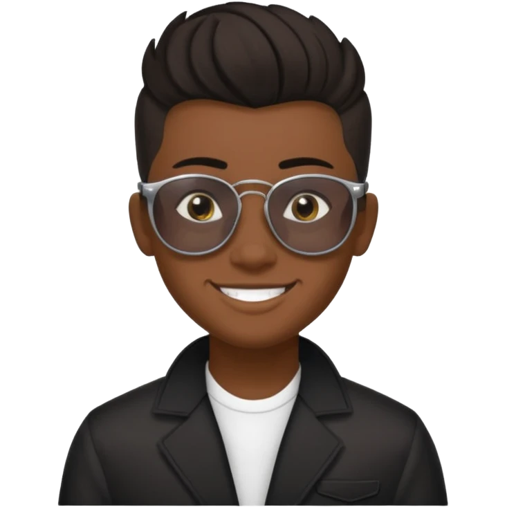 14 year old Mexican with a black pompadour with the left side of his hair a little bit on the face grinning with sunglasses emoji