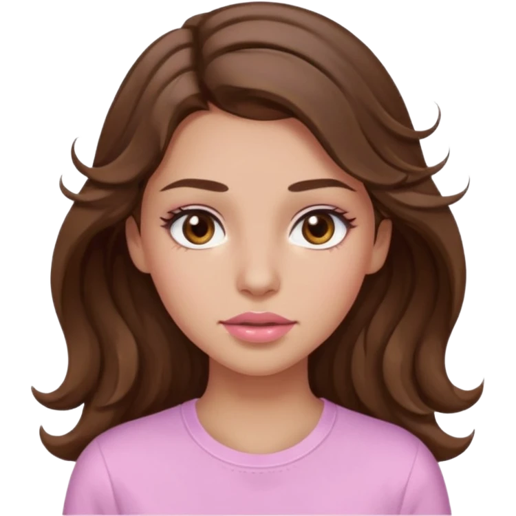 girl with wavy long brown hair, brown eyes, light to medium complexion, long lashes, light pink lipstick, wearing light pink shirt, sweat drops on the forehead emoji
