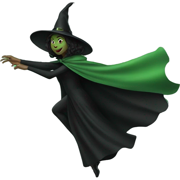 Flying green witch with black cape emoji