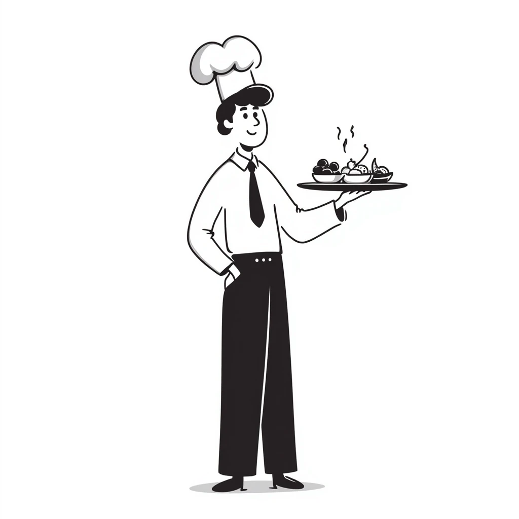 Chef in business attire with chef hat, confidently selling food products emoji