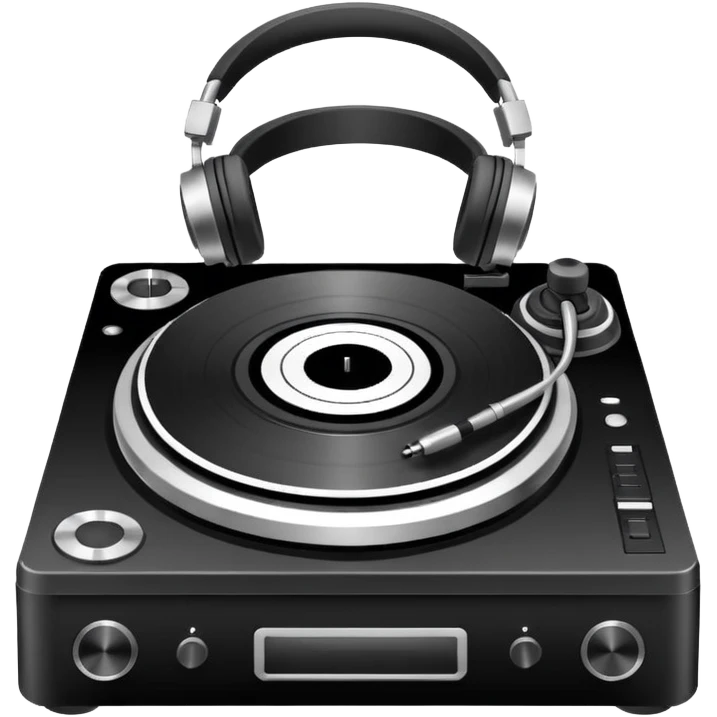 Minimalistic flat vector icon, iOS style, thin black contour on white background. DJ turntable with headphones. No text, no shadows. emoji