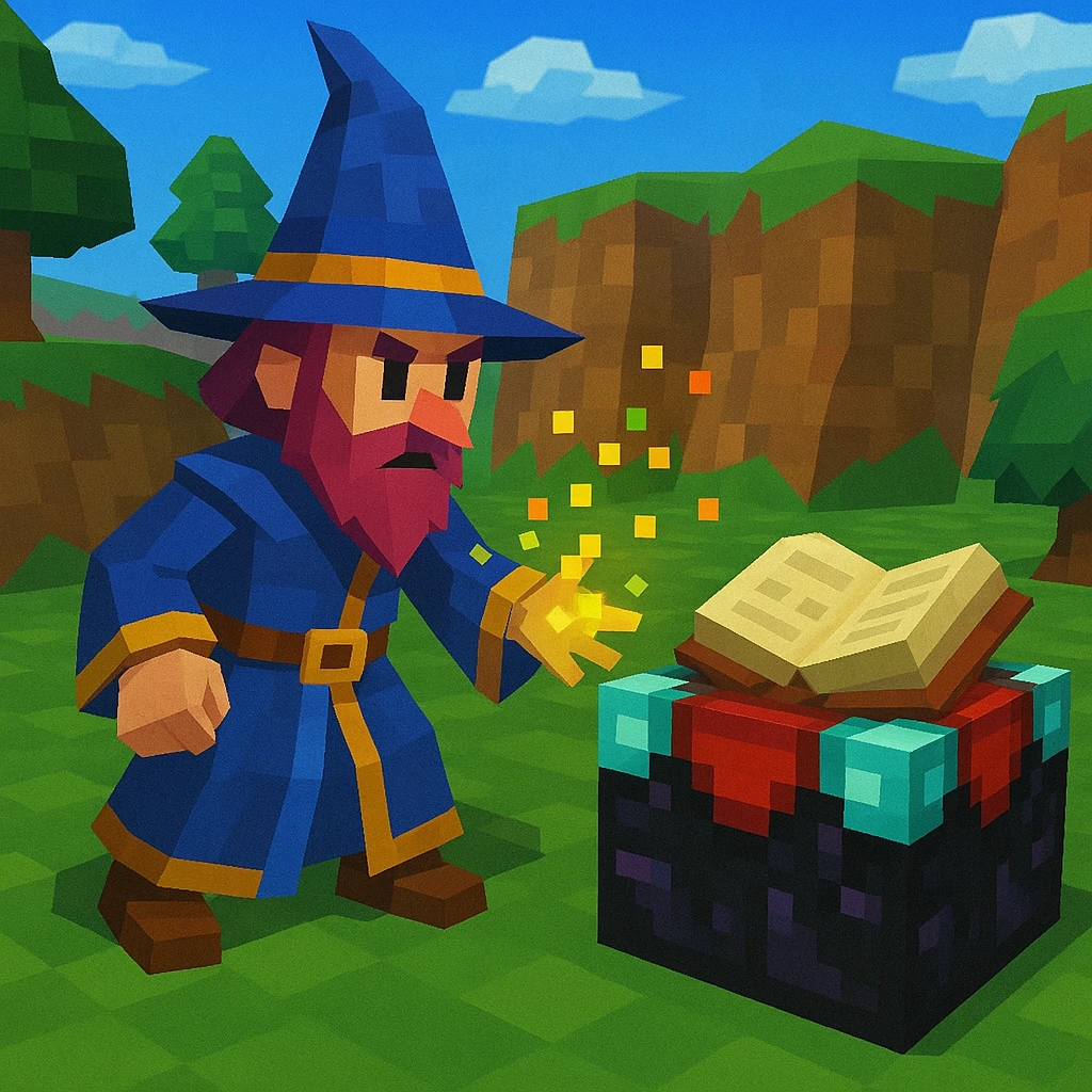 Mage casting particles near an enchantment table.
 emoji