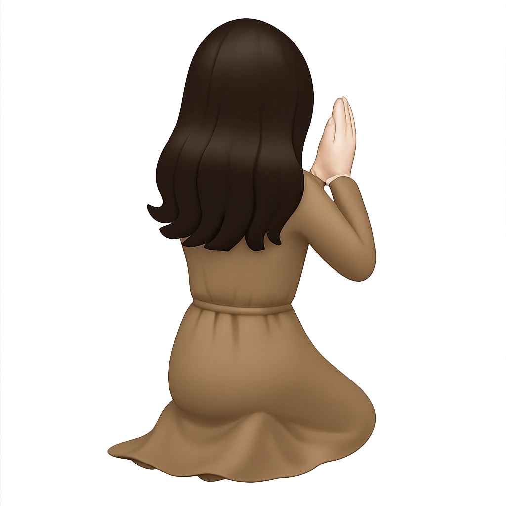 Create another variation of a woman kneeling and praying from the back view, wearing a long tan dress, with dark brown hair, in emoji style, matching the same body figure as the reference image, with no background. emoji