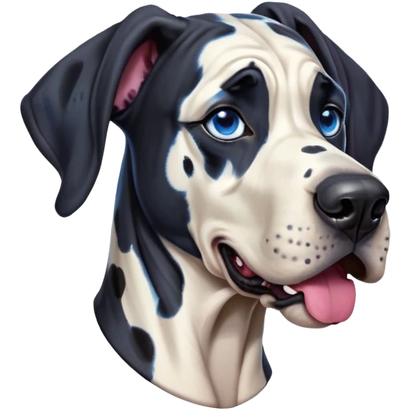 Cinematic Comical Harlequin Great Dane Portrait Emoji, Head tilted dramatically with an exaggeratedly shocked or amused expression, featuring a striking coat of predominantly white with vivid black patches, wide, expressive blue eyes filled with playful disbelief, Simplified yet hilariously expressive features, highly detailed, glowing with a slightly sassy glow, high shine, dramatic yet playful, stylized with an air of cheeky charm, bright and endearing, soft glowing outline, capturing the essence of a spirited and over-the-top guardian, so meme-worthy it feels like it could side-eye its way into internet fame instantly! emoji
