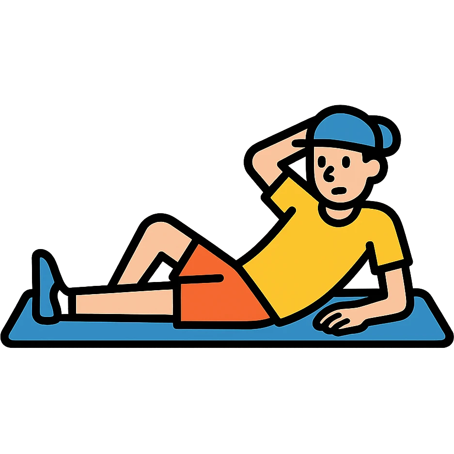 a sportsman lying on the yoga mat pretending to do streches but in fact he is not doing that
 emoji