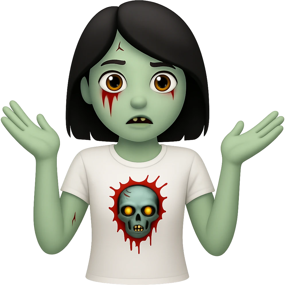 Create an image of a zombie girl with black hair wearing a white t-shirt, minimal blood, in the style of Apple emojis, with no background, in a different pose. emoji