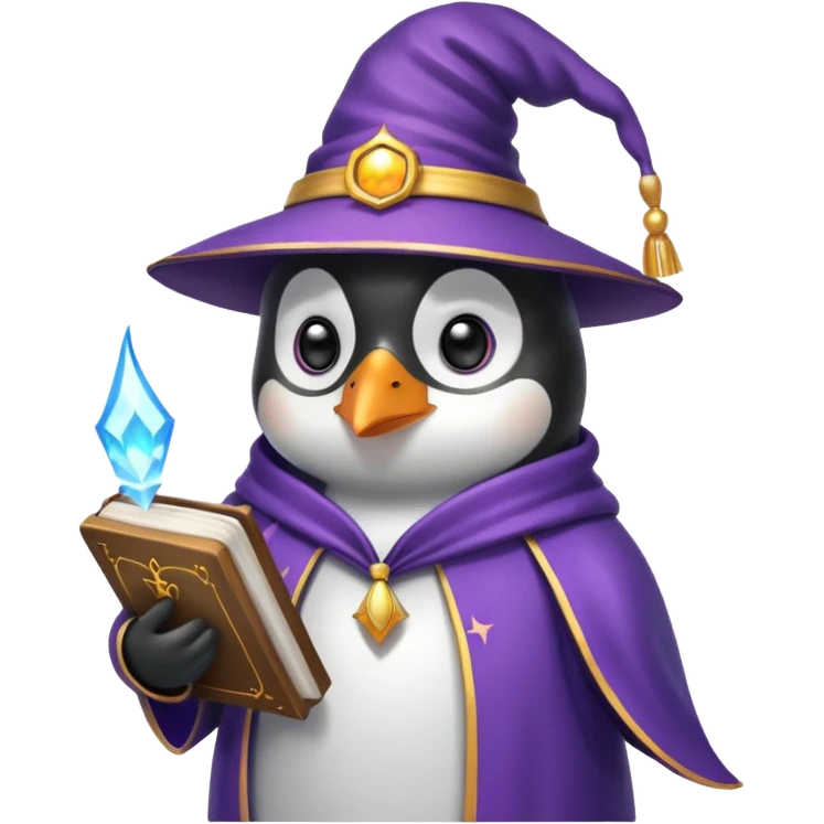 penguin wizard, holding a book, mystical aura emoji