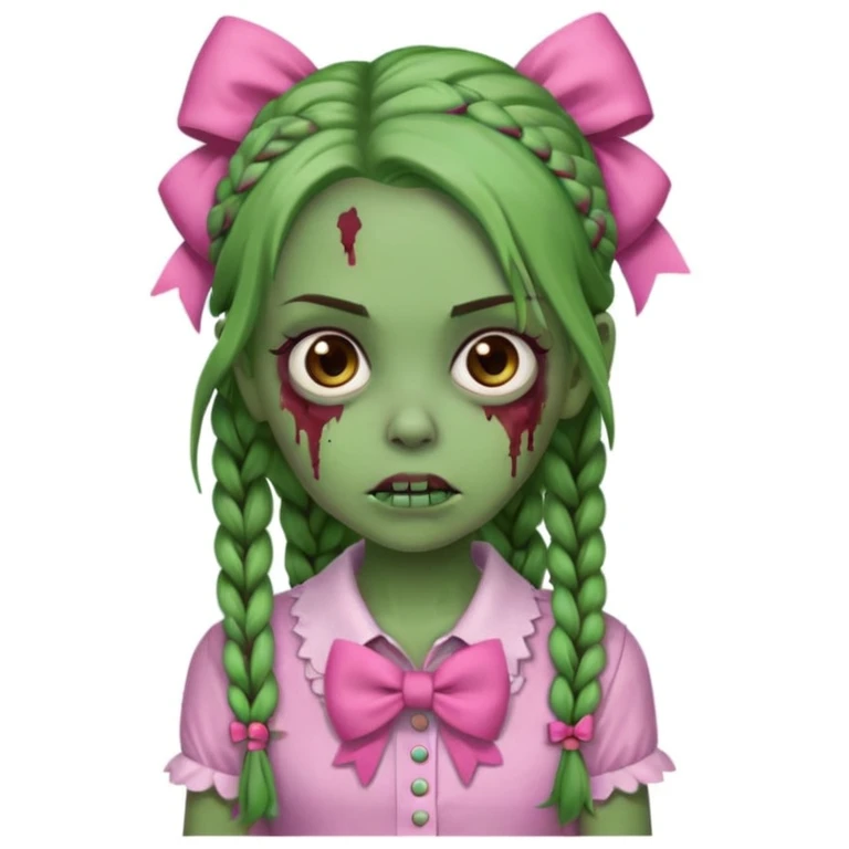 Garota zumbi com pele verde, tranças castanhas no cabelo, olhos castanhos, laço rosa na cabeça e camisa rosa emoji