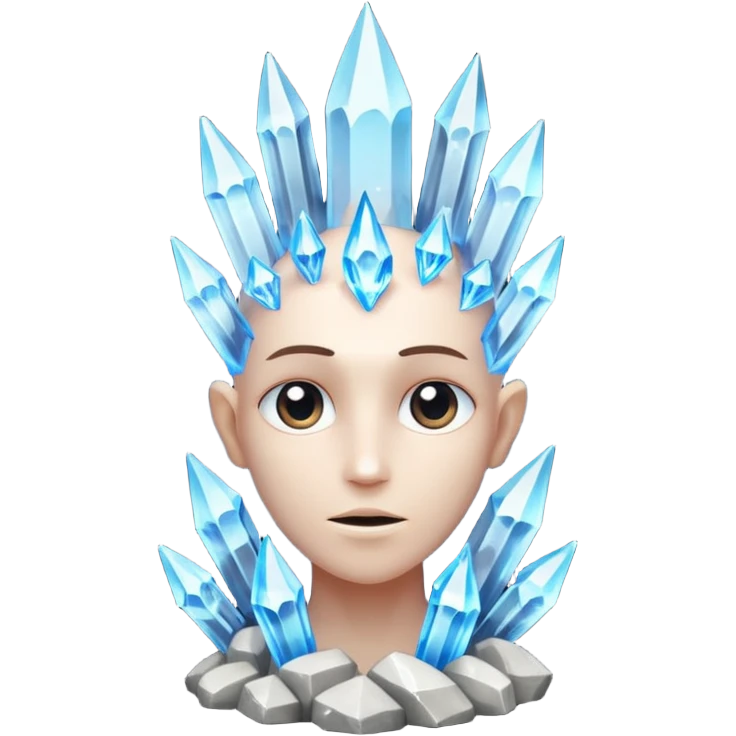 A single crystal character inspired by a clear quartz cluster, amorph base with many tall transparent crystal spikes growing upward all around it with a face emoji