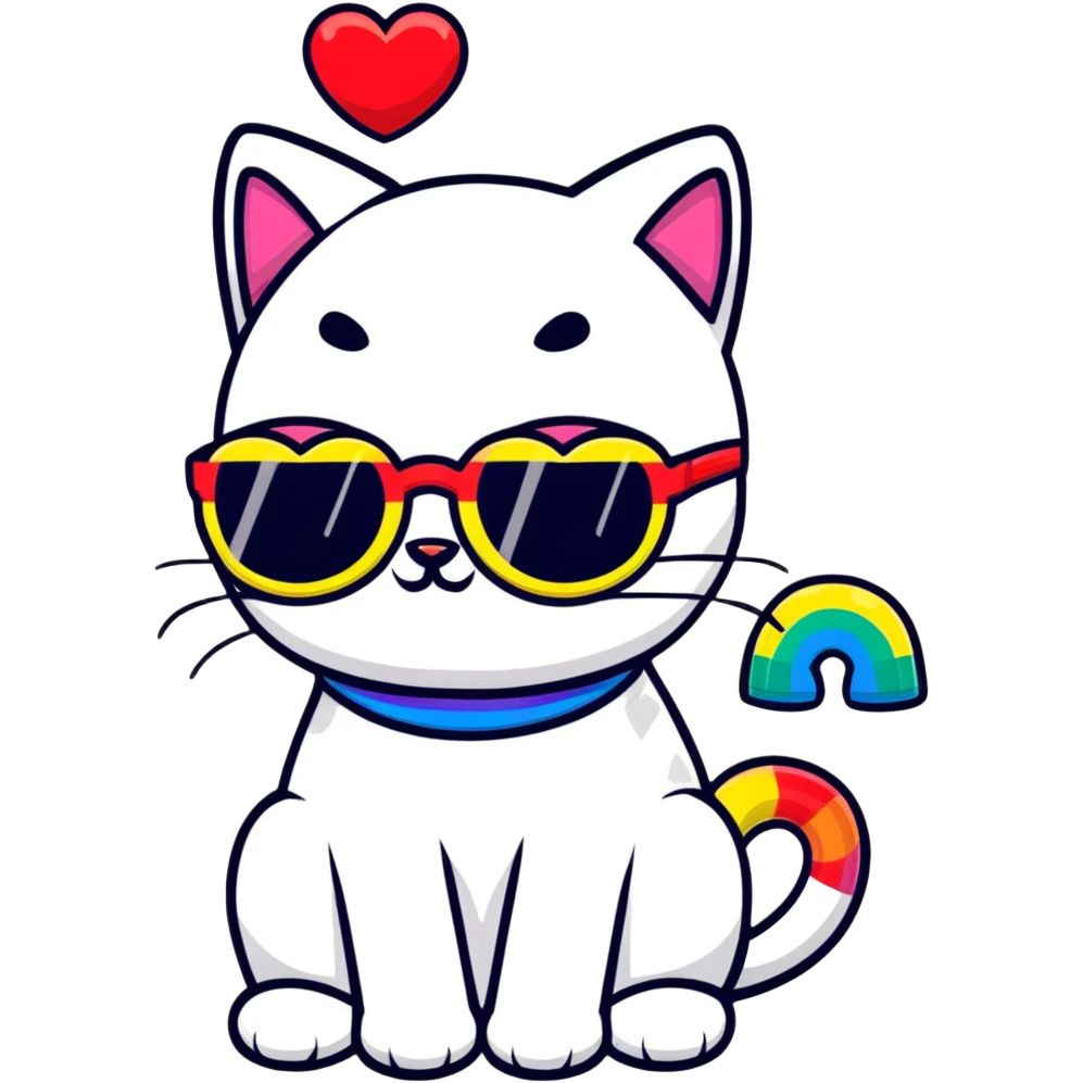 cat wearing a rainbow beanie and heart-shaped sunglasses emoji