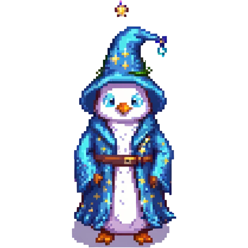 penguin wizard wearing a starry robe, pixel art style emoji
