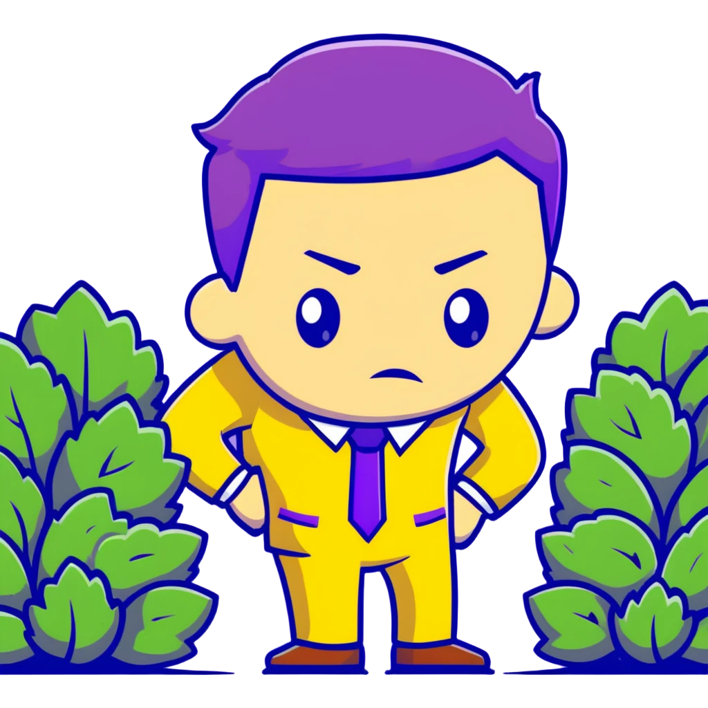 Man in a yellow suit looking suspicious while hiding in a bush, shifty eyes emoji