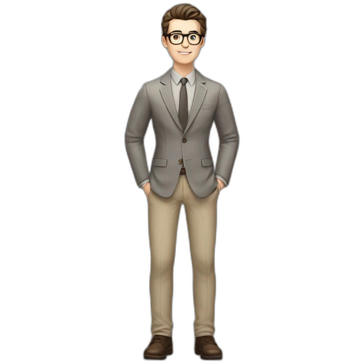 Full height Pale skinned Fit Man With dark brown hair in gray classic jacket, beige office shirt, Brown pants and vintage glasses. Thrumbs of his palms upwards emoji