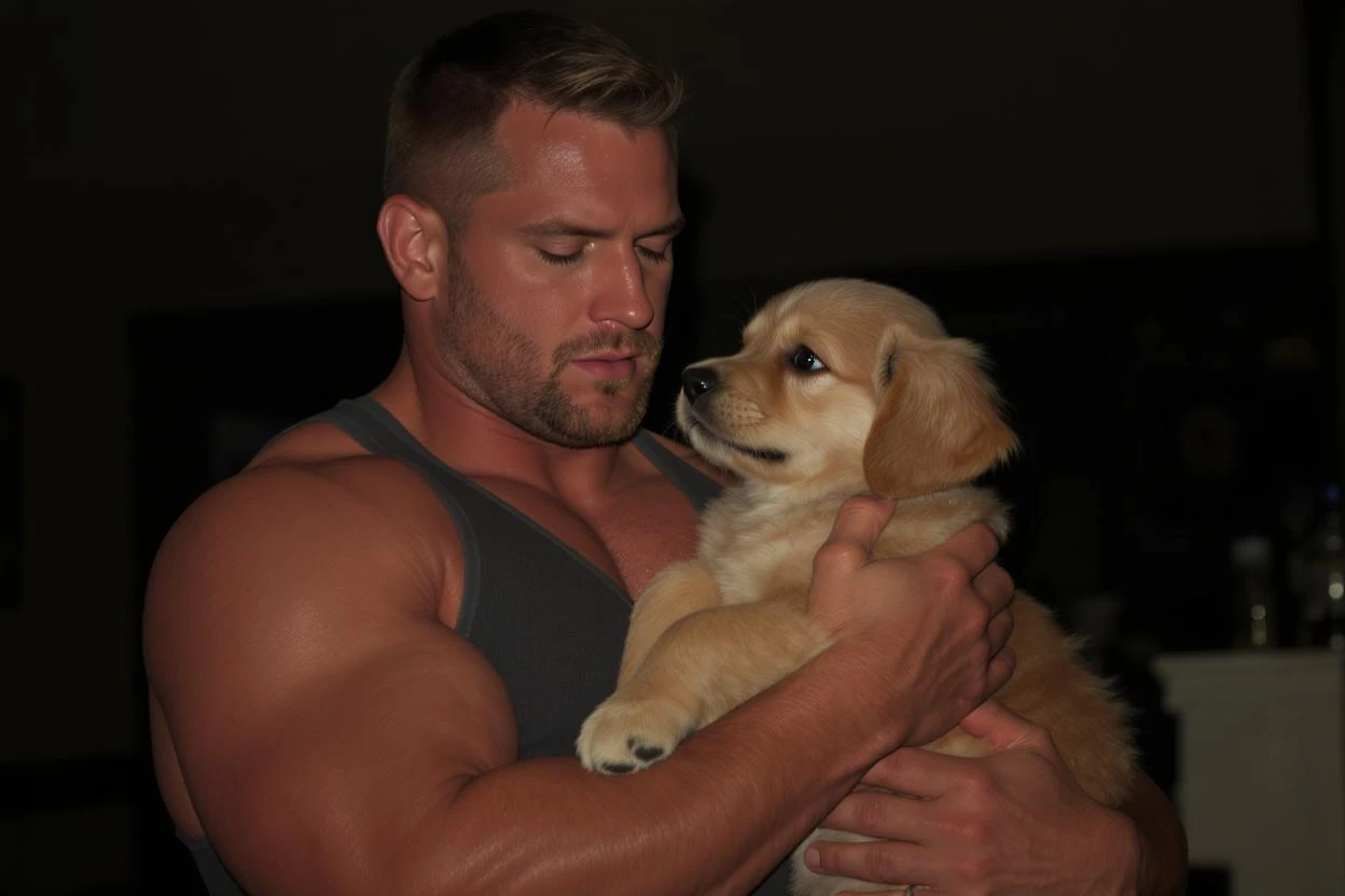 Photo of a musculated man holding puppy golden retriver, low key light emoji