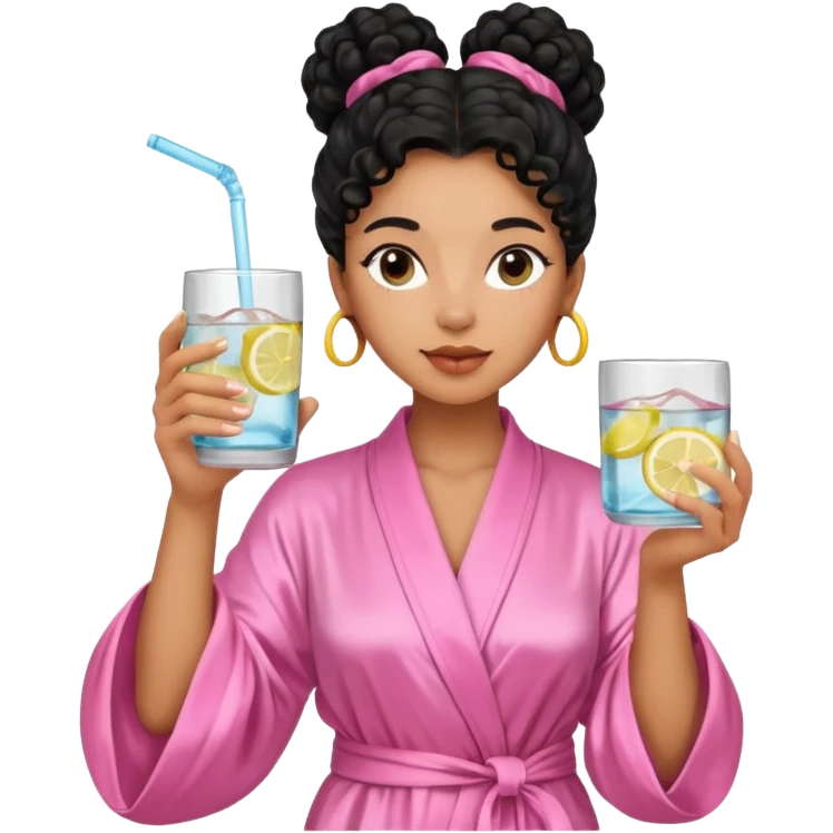 Mixed-race woman with caramel skin, long jet black curly hair tied in a bun, wearing a pastel pink silk robe, holding a glass of infused water with lemon in her right hand  emoji