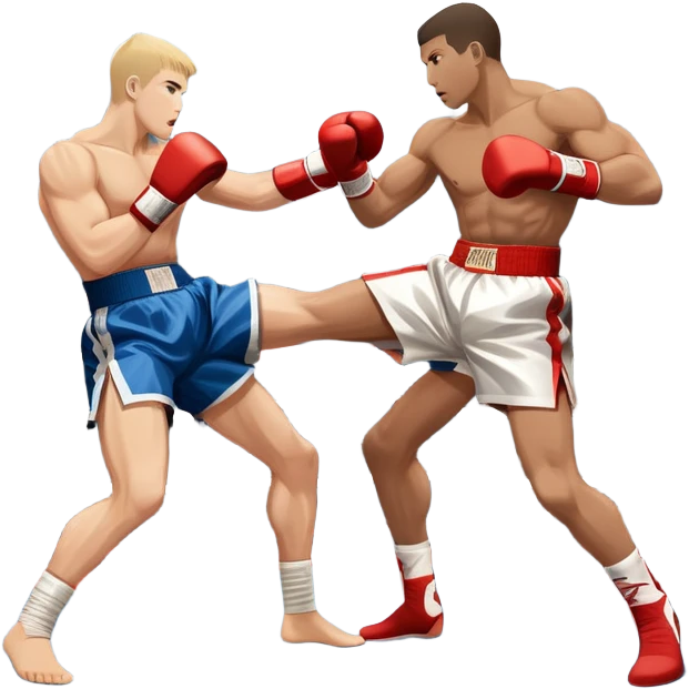 An icon symbolizing kickboxing, featuring two fighters in the ring. One throws a powerful high kick, while the other counters with a punch. The background shows a boxing ring with ropes and a crowd in the distance. Transparent background emphasizes the dynamic energy emoji