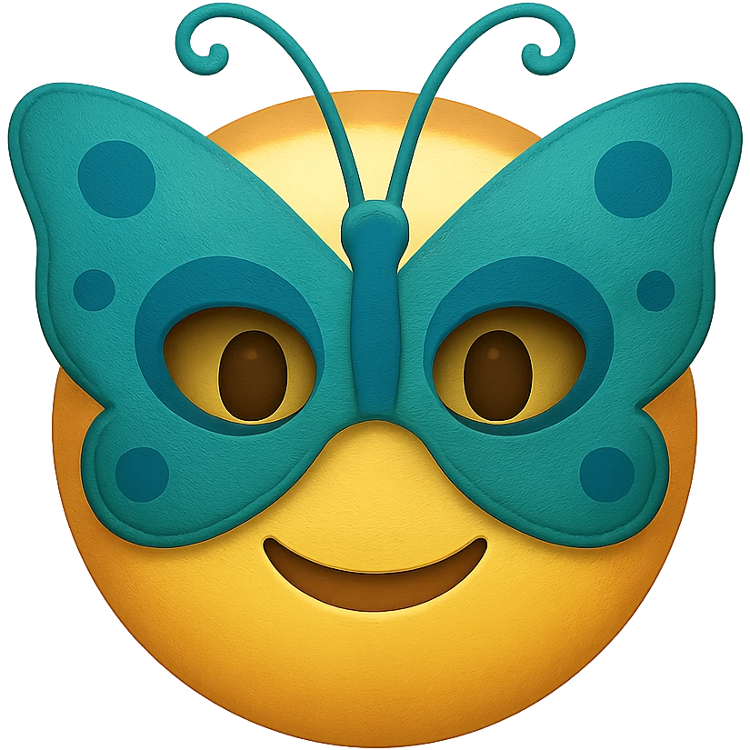 yellow face with teal butterfly mask emoji, digital illustration emoji