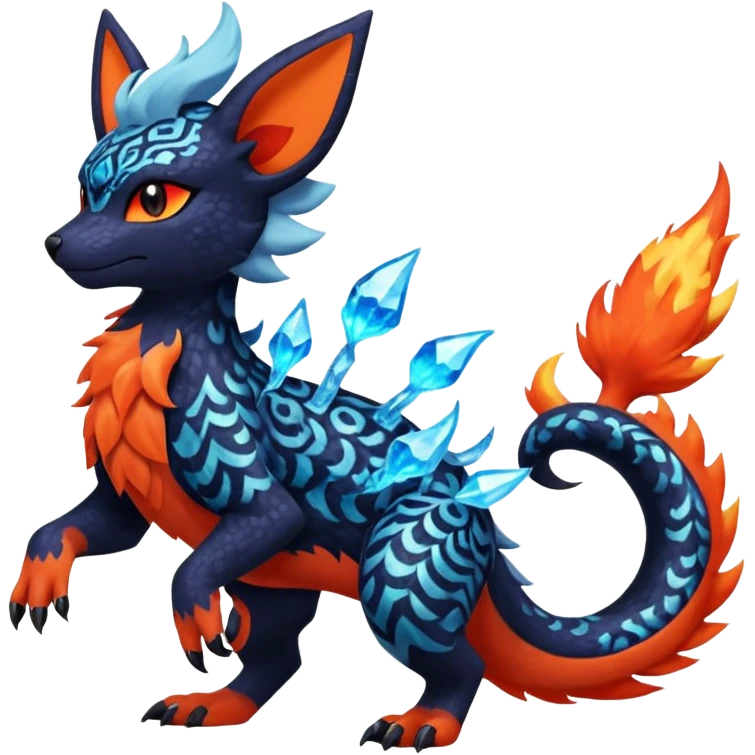 
Canine-Litten-Amaura-Salandit-Noibat-Flareon-Fakémon-fusion (full body) with intricate pattern markings emoji