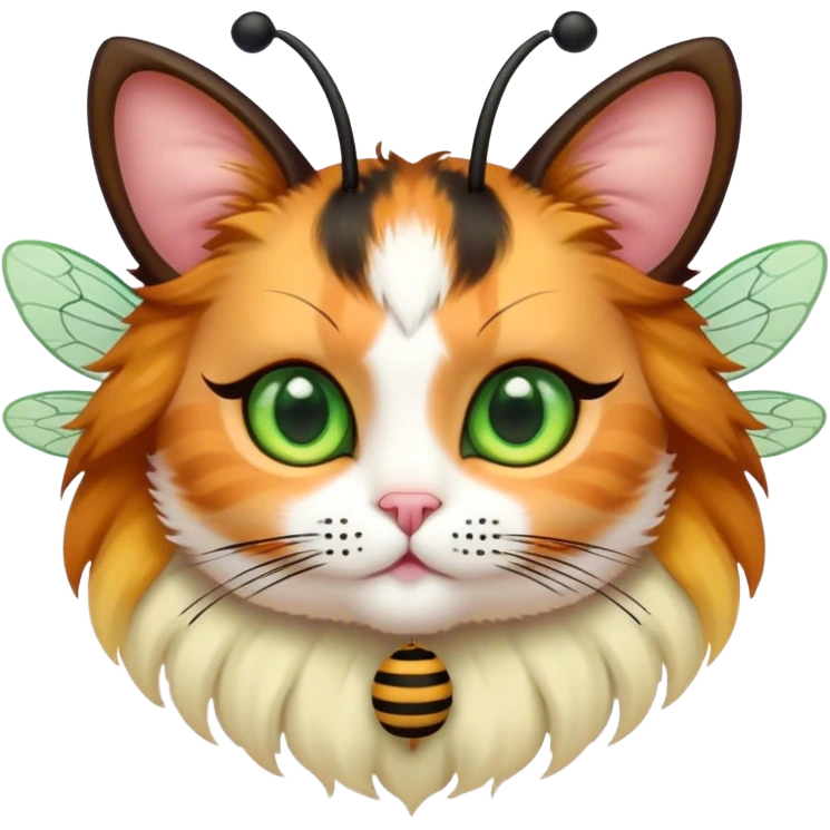 Calico Cat fluffy doll face with bee wings antennae green eyes emoji