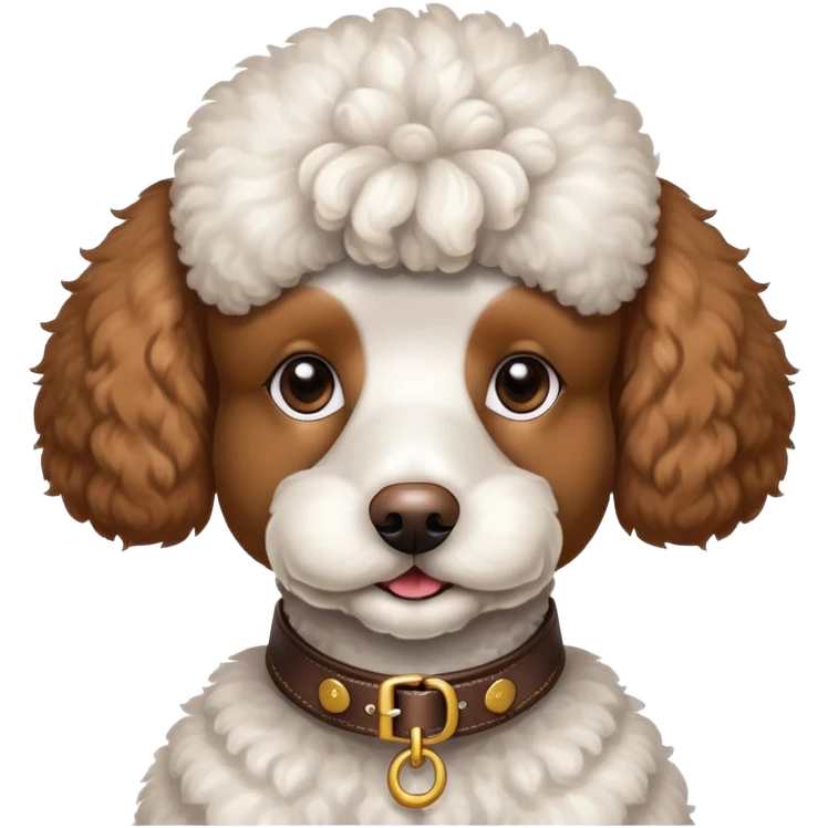 White and brown poodle wearing a collar that says Gunner emoji
