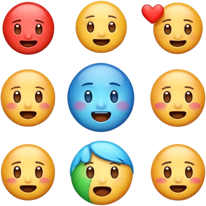 Generate a set of colorful, high-resolution emojis representing emotions like happiness, sadness, anger, love, surprise, and excitement. The emojis should have a glossy 3D style with smooth gradients, cute expressions, and clear facial features. Transparent background."
 emoji