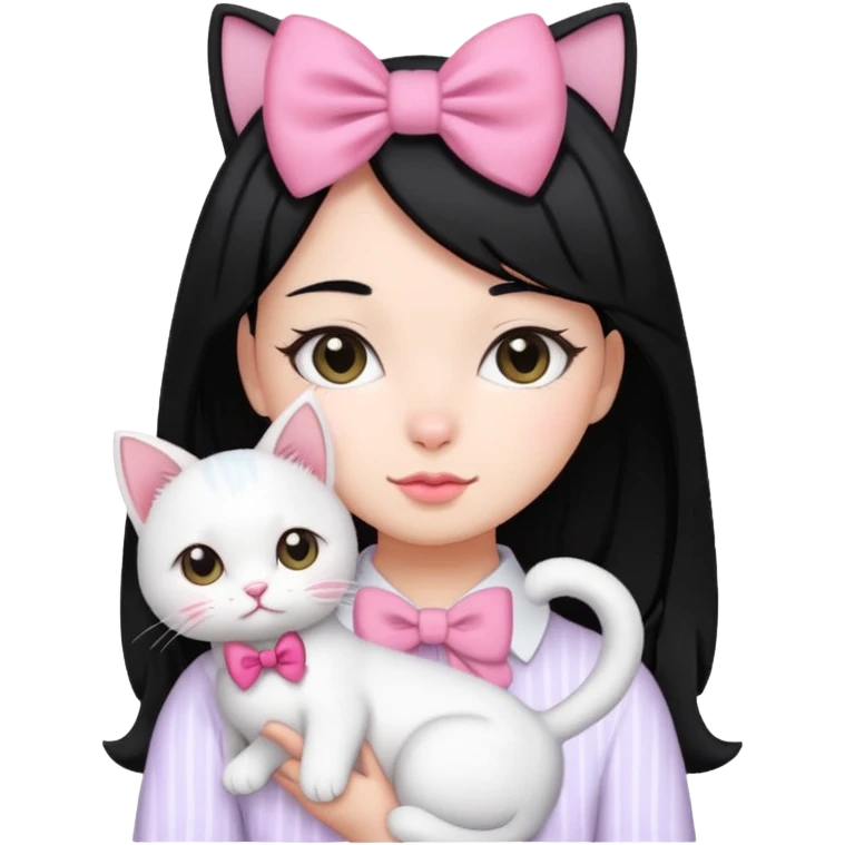 A gurl black hair with one pink bow holding one white cat emoji