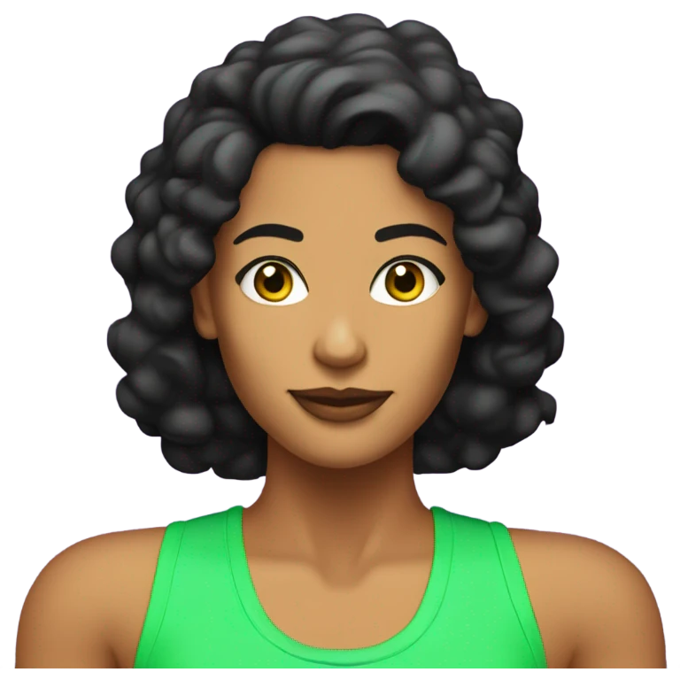 Tanned woman with black hair wearing 1980s style neon fitness outfit and hair emoji