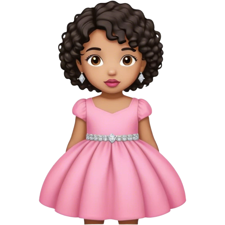 light brown skin tone, very adorable toddler, with big plump lips, long long lashes, black curly bob, brown eyes, pink dress, diamond stud earrings emoji
