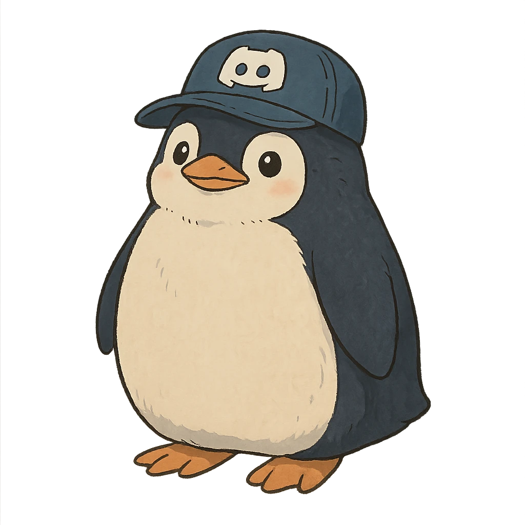 ghibli style penguin with a Discord hat emoji