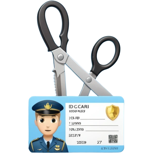 Floating black Scissors cutting in half a light blue idf soldier ID card with golden chip in 2 parts .hyper realistic emoji