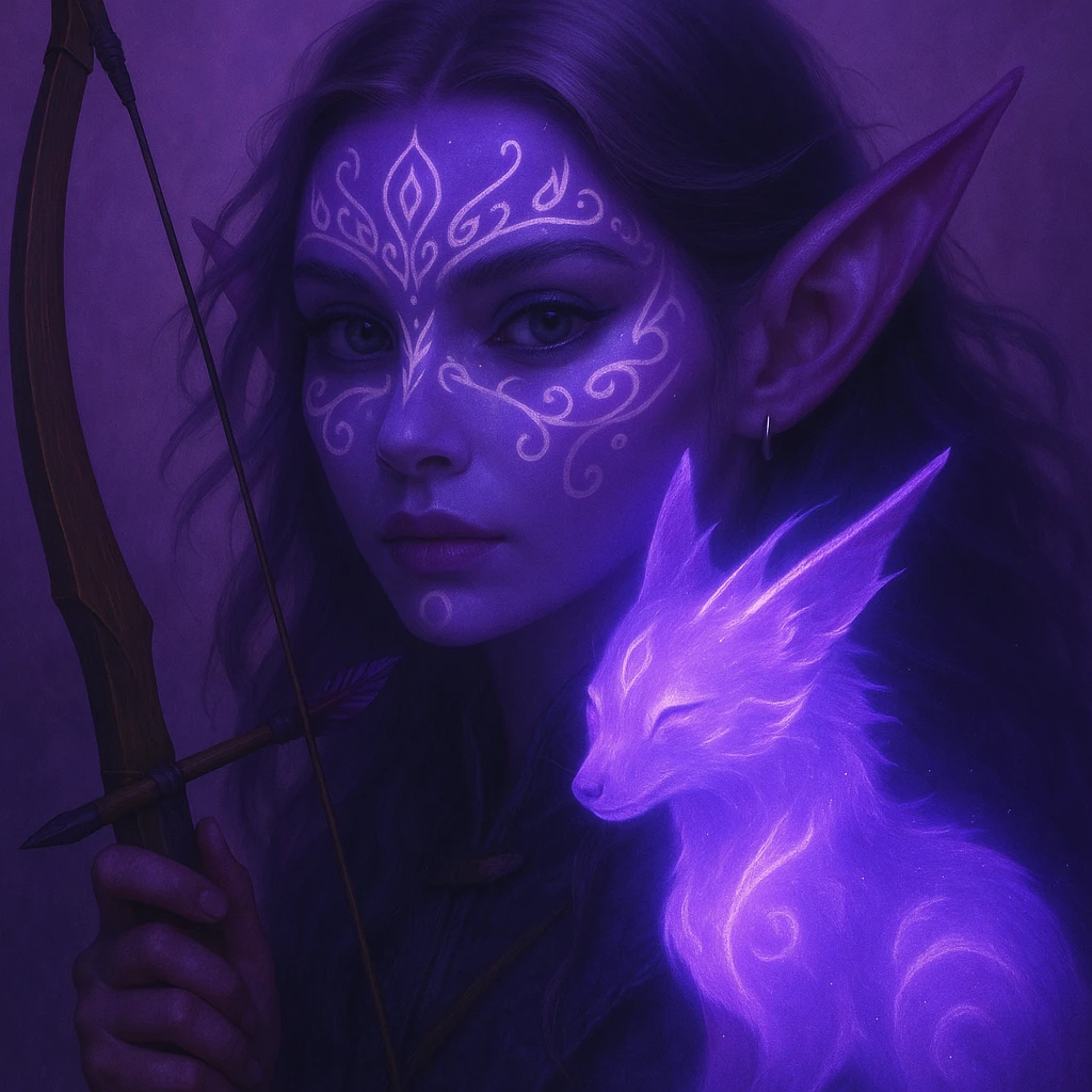 Add a magical pet companion, such as a glowing spirit fox or small dragon, beside the purple fantasy elf archer. Keep the fantasy theme and color harmony in a style consistent with the original image. emoji