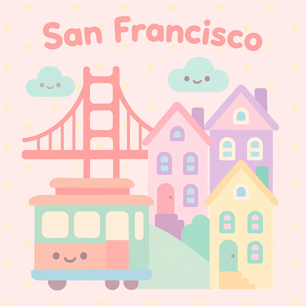 {
  "style_description": {
    "overall_look": "Cute, minimal, and soft with a friendly and playful tone",
    "material_simulation": {
      "primary_material": "flat digital color",
      "texture_detail": "smooth surfaces with no texture or shading",
      "pattern": "none or very simple decorative accents (e.g., hearts, stars)"
    },
    "geometry": {
      "edge_style": "rounded, soft curves with no sharp angles",
      "dimensionality": "flat two-dimensional appearance with simple shapes"
    },
    "color_palette": {
      "scheme": "pastel and light tones",
      "preferred_colors": ["pink", "mint", "lavender", "baby blue", "peach"],
      "contrast": "low contrast with bright accents"
    },
    "facial_features": {
      "eyes": "large, sparkly, often oval or circular",
      "mouth": "small, often a simple curve or dot",
      "expression": "joyful, innocent, or calm"
    },
    "lighting": {
      "type": "none or implied with soft highlights",
      "purpose": "maintain a clean and cheerful look"
    },
    "render_constraints": {
      "avoid": ["realistic shading", "high detail", "dark themes", "texture noise"],
      "focus_on": ["cute expression", "iconic simplicity", "emotional warmth"]
    },
    "background": {
      "color": "white or soft pastel",
      "style": "plain or patterned with simple icons (e.g., polka dots, stars)",
      "lighting_consistency": "no shadows, evenly lit feel"
    }
  }
}

{subject} = san francisco emoji