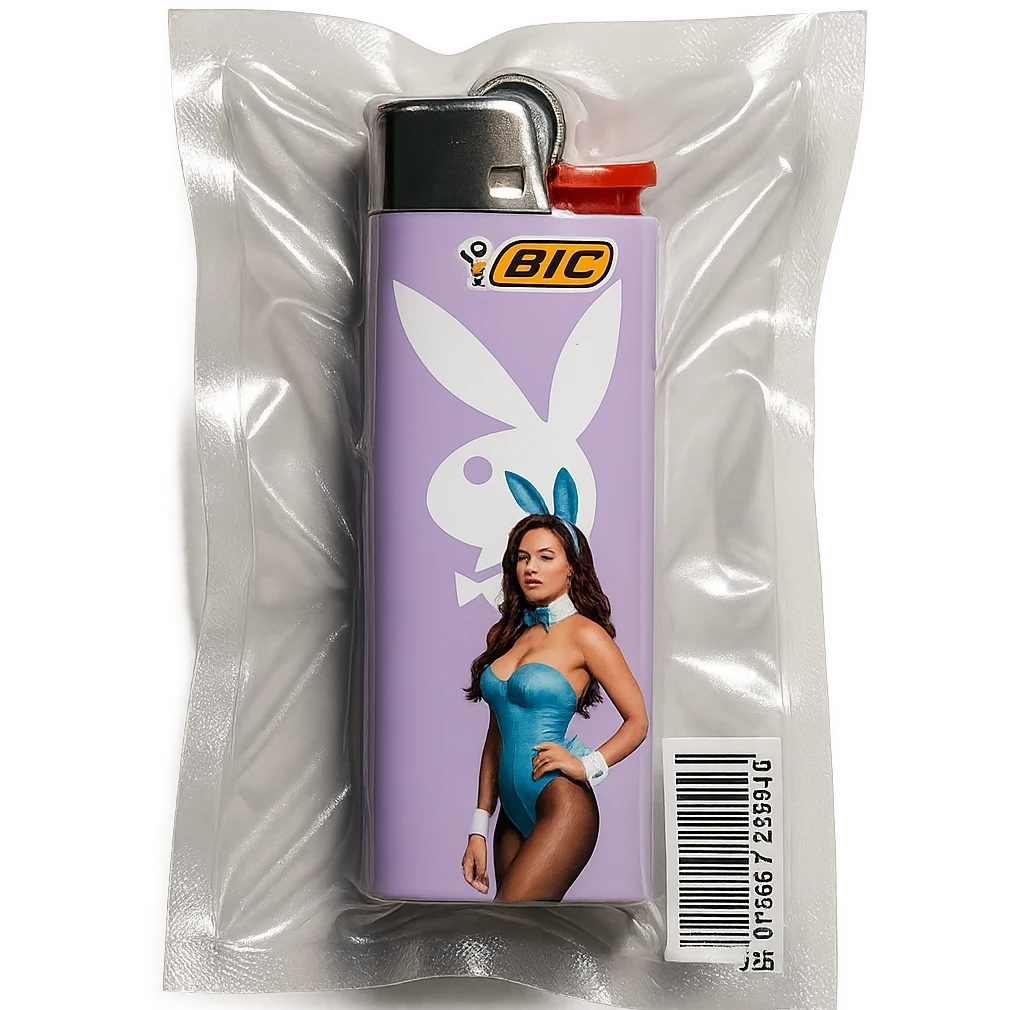 BIC lighter, glossy, with a pastel Playboy Bunny logo and a model in a blue bunny suit emoji