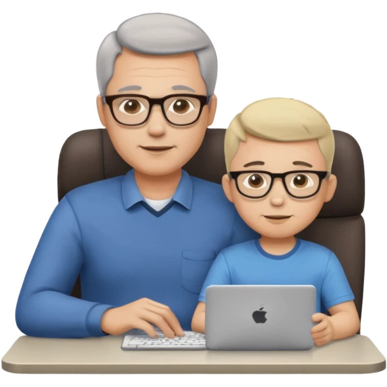 Middle aged man with glasses working at his desk, with his child sitting behind him on the headrest of his chair looking at his computer emoji