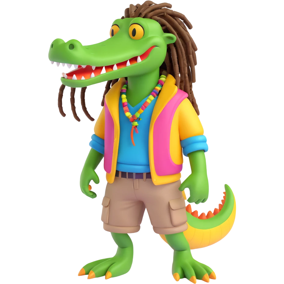 3D cartoon character of a Rasta alligator, wearing colorful clothes and with dreadlocks, vibrant and playful style emoji